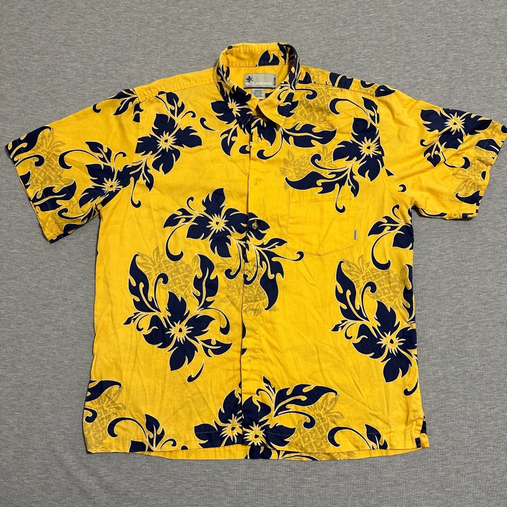 Billabong Hawaiian Shirt Floral Hibiscus Cotton Yellow Blue Mens Size Medium